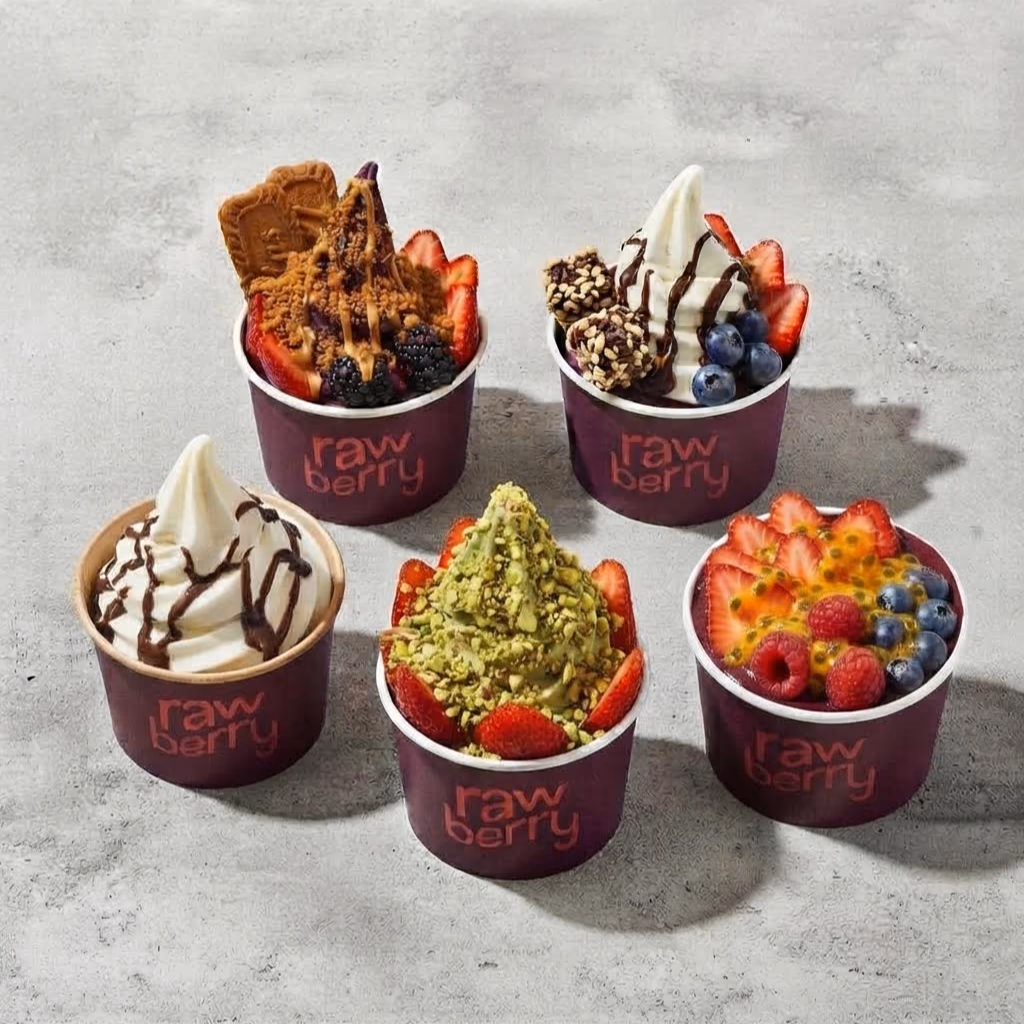 Five Rawberry cups: Biscoff acai, soft serve sundaes, pistachio and a berry passionfruit bowl
